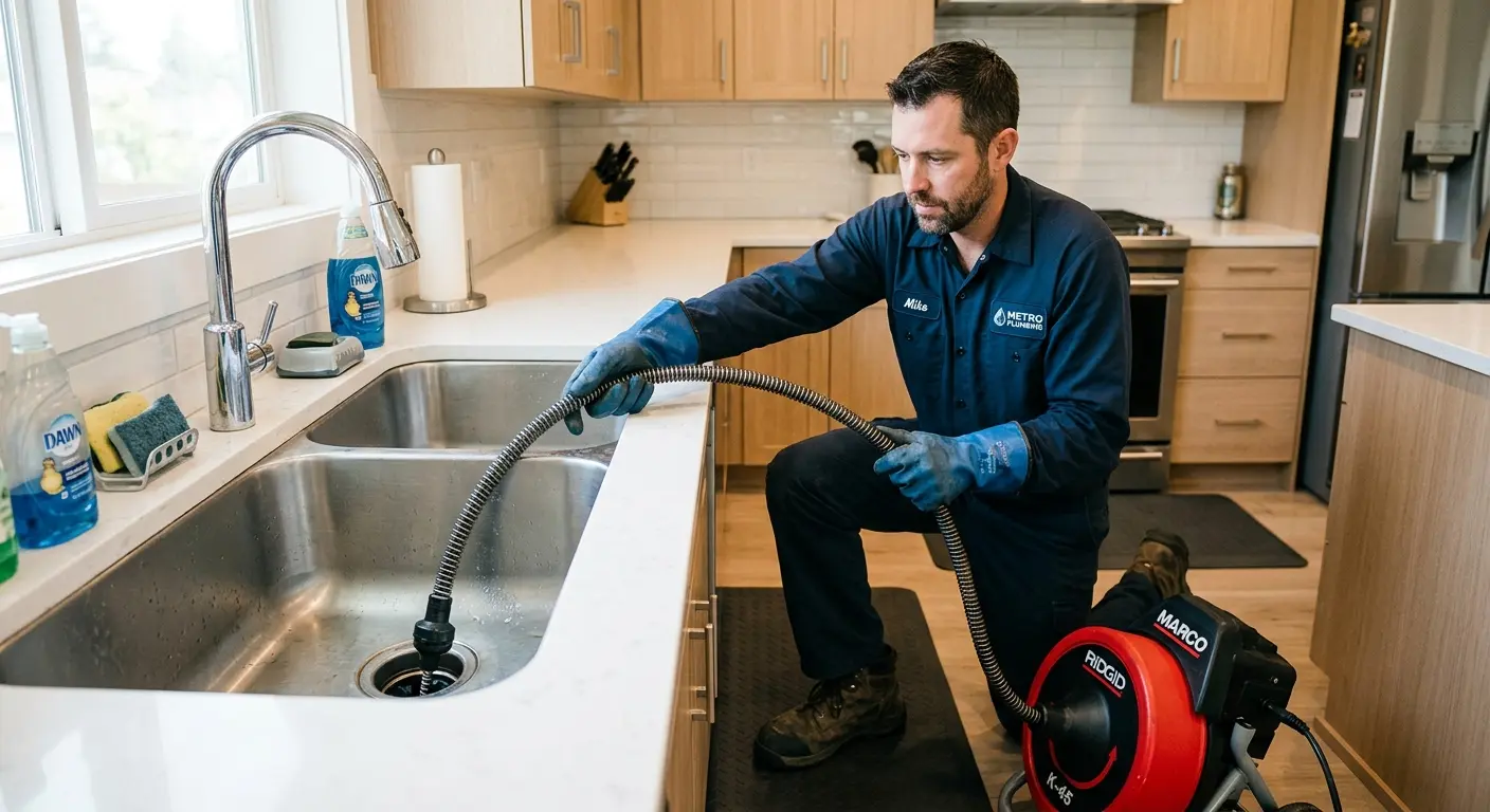 Drain cleaning technician using a motorized snake on a kitchen sink in Redlands