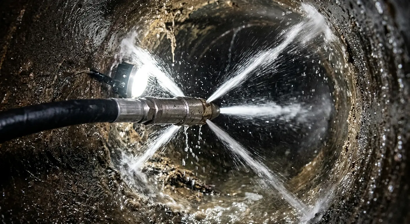 High-pressure hydro jetting nozzle cleaning sewer pipe for Sewer Cleanout in Redlands