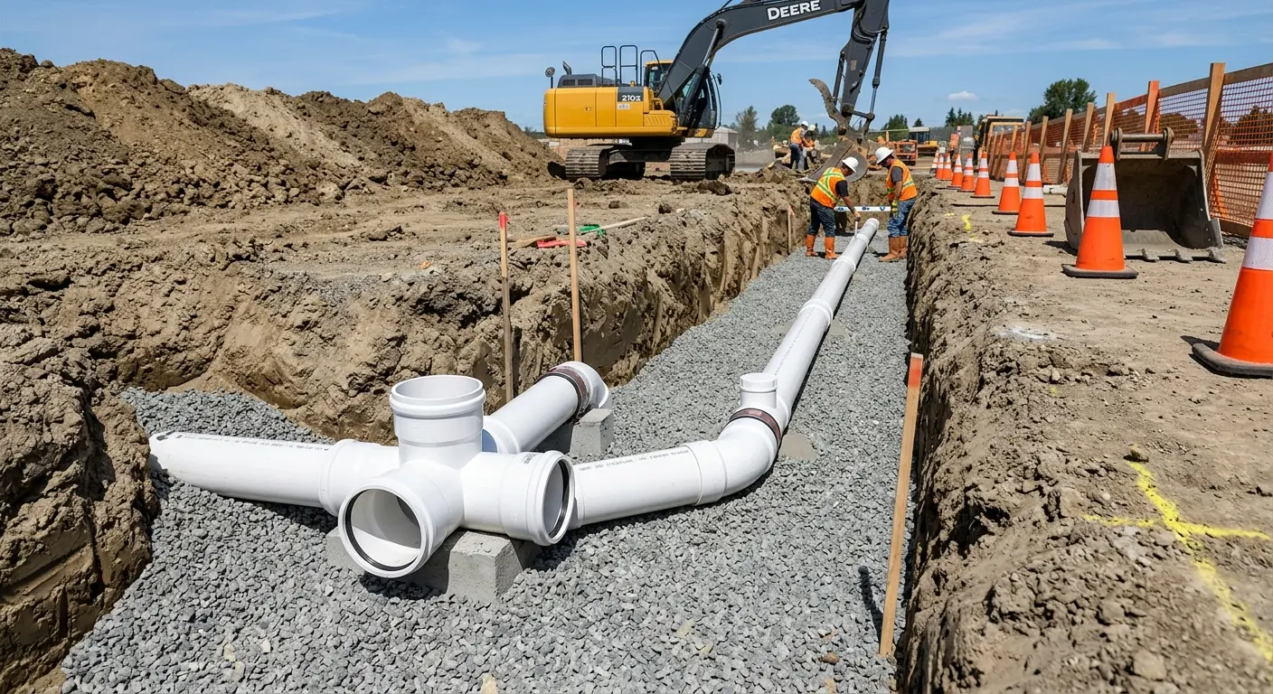 New PVC sewer pipe installation in open trench for Commercial Drain Cleaning in Redlands