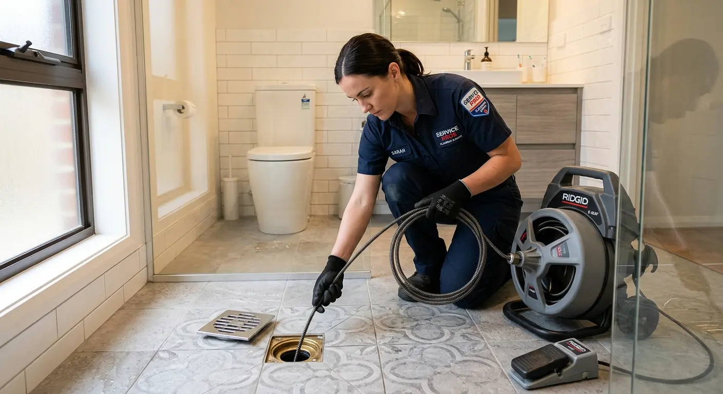 Technician clearing a bathroom floor drain for Clogged Drain Repair in Redlands